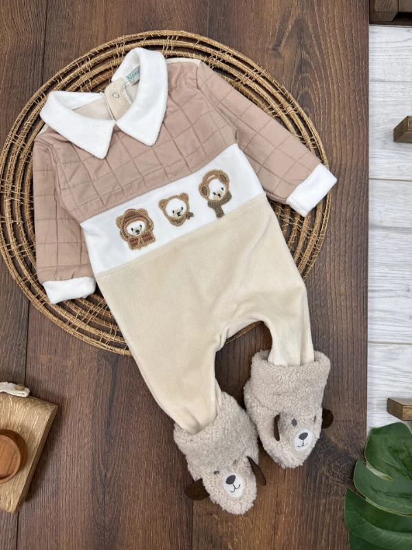 Kadife Patikli Sırttan Çıtçıtlı Erkek Bebek Tulum