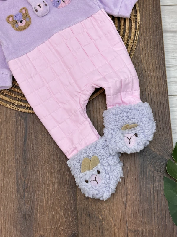 Kadife Patikli Sırttan Çıtçıtlı Kız Bebek Tulum