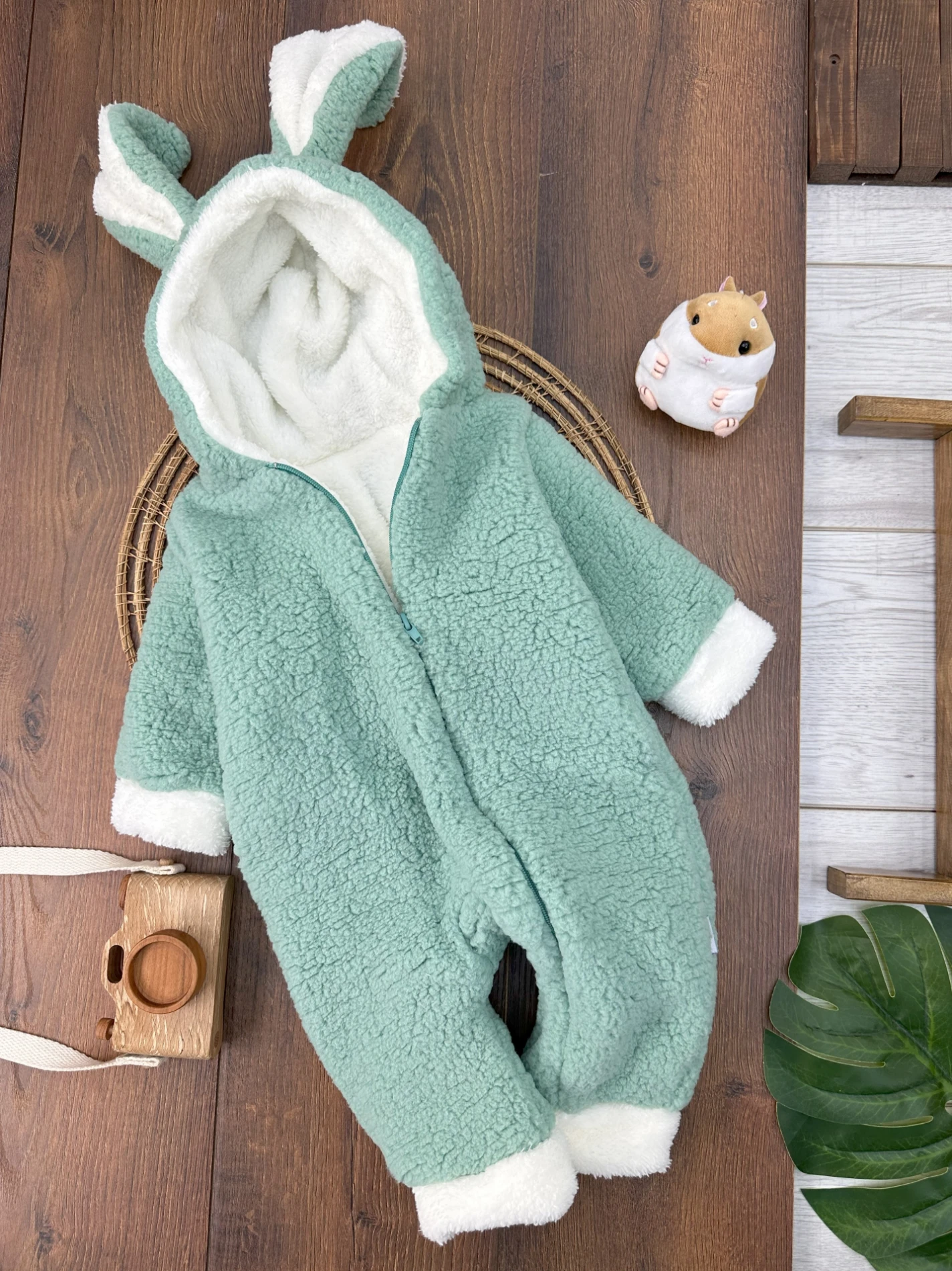 Çift Kat Wellsoft Kürklü Fermuarlı Kapüşonlu Unisex Kışlık Bebek Tulum - YEŞİL