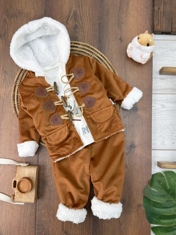 Kadife Düğme Detaylı İçi Kürklü Badili 3lü Kışlık Erkek Bebek Takım - KAHVE