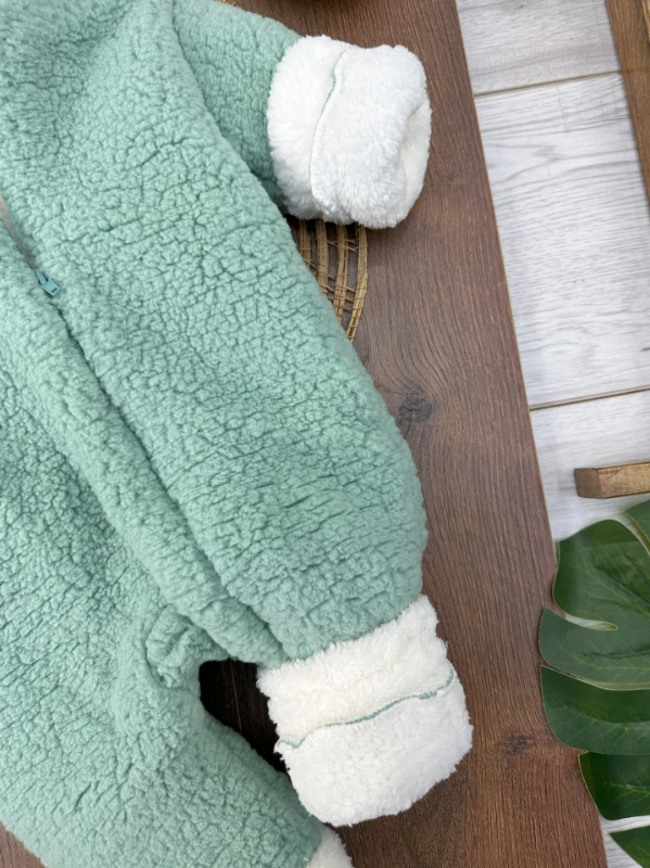 Çift Kat Wellsoft Kürklü Fermuarlı Kapüşonlu Unisex Kışlık Bebek Tulum - YEŞİL