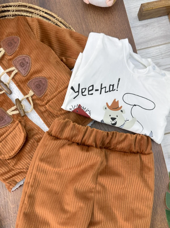 Kadife Düğme Detaylı İçi Kürklü Badili 3lü Kışlık Erkek Bebek Takım - KAHVE