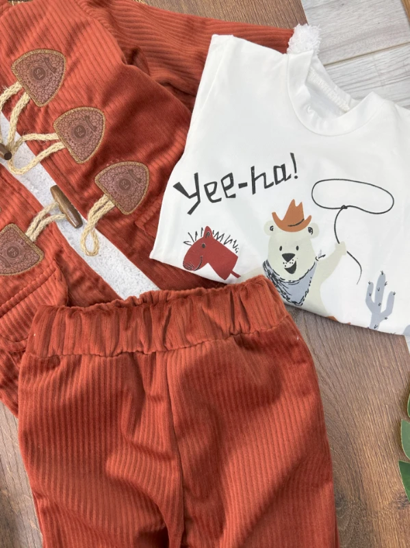 Kadife Düğme Detaylı İçi Kürklü Badili 3lü Kışlık Erkek Bebek Takım - KAHVE