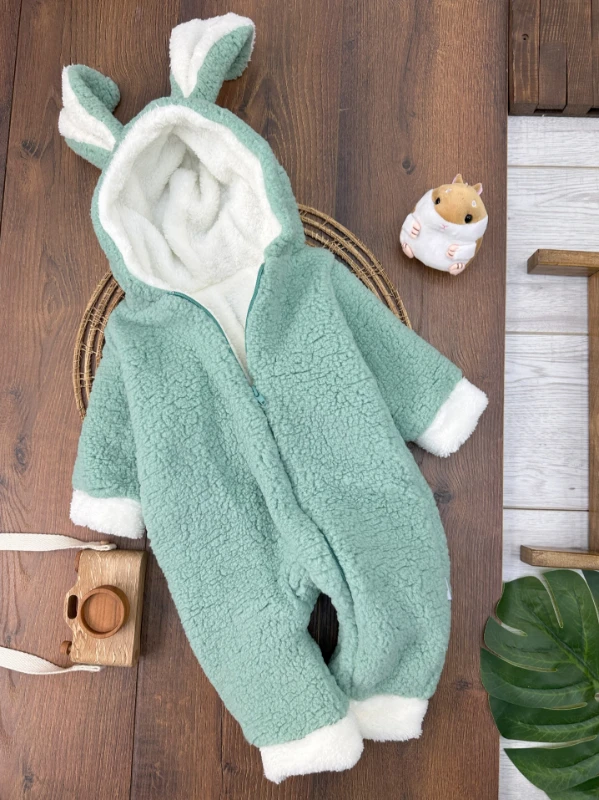 Çift Kat Wellsoft Kürklü Fermuarlı Kapüşonlu Unisex Kışlık Bebek Tulum - YEŞİL
