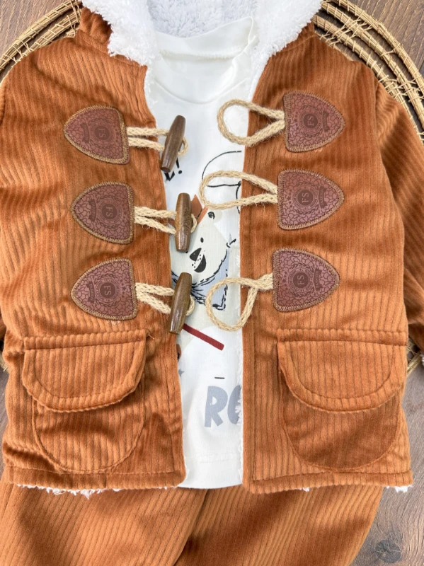 Kadife Düğme Detaylı İçi Kürklü Badili 3lü Kışlık Erkek Bebek Takım - KAHVE