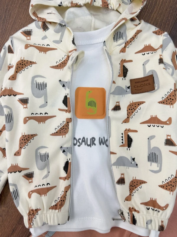 Dino Figürlü Fermuarlı Badili Kapüşonlu 3lü Erkek Bebek Takım - KAHVE