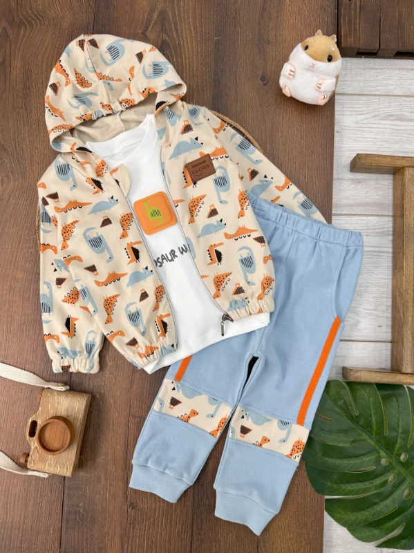 Dino Figürlü Fermuarlı Badili Kapüşonlu 3lü Erkek Bebek Takım - KAHVE