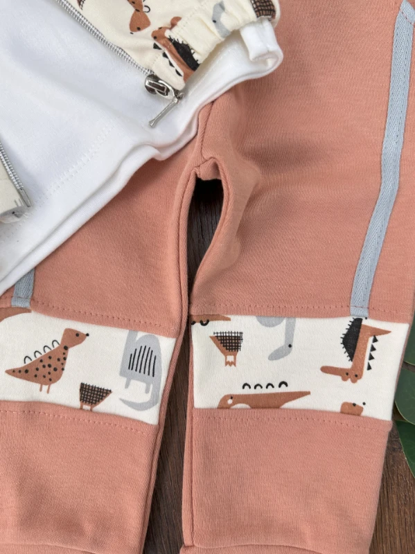 Dino Figürlü Fermuarlı Badili Kapüşonlu 3lü Erkek Bebek Takım - KAHVE