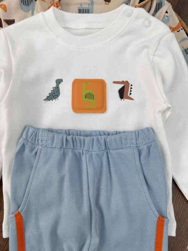 Dino Figürlü Fermuarlı Badili Kapüşonlu 3lü Erkek Bebek Takım - KAHVE