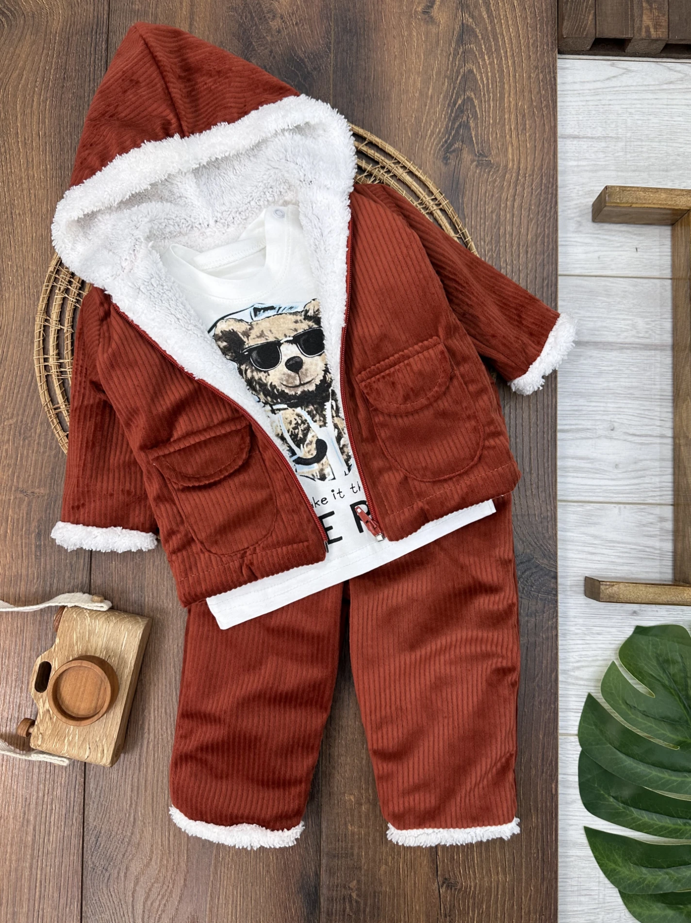 Kadifeİçi Wellsoft Kürklü Badili 3lü Erkek Bebek Takım - KAHVE