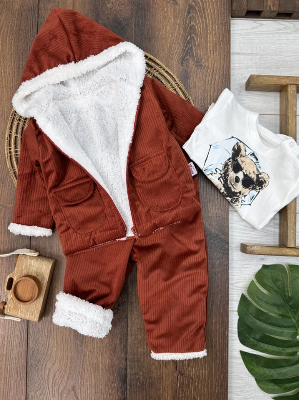 Kadifeİçi Wellsoft Kürklü Badili 3lü Erkek Bebek Takım - HARDAL