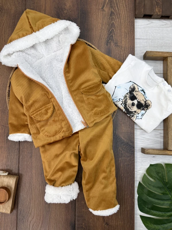 Kadifeİçi Wellsoft Kürklü Badili 3lü Erkek Bebek Takım - HARDAL