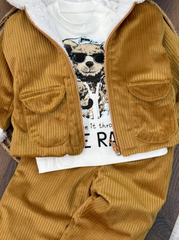 Kadifeİçi Wellsoft Kürklü Badili 3lü Erkek Bebek Takım - HARDAL