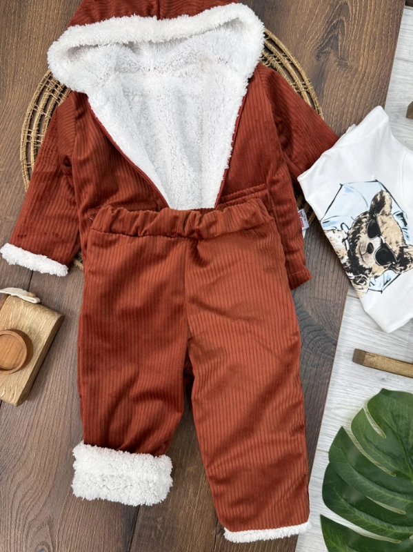 Kadifeİçi Wellsoft Kürklü Badili 3lü Erkek Bebek Takım - HARDAL