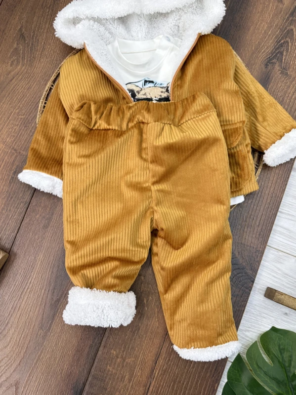 Kadifeİçi Wellsoft Kürklü Badili 3lü Erkek Bebek Takım - HARDAL