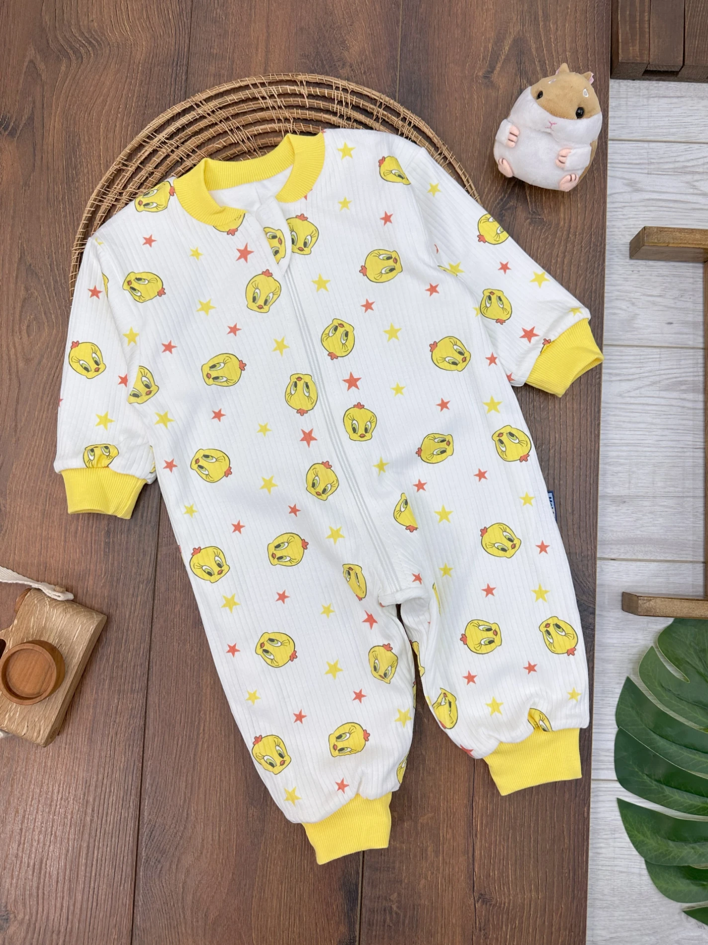 %100 Pamuk Tweety Baskılı İçi Astarlı Fermuarlı Kız Bebek Uyku Tulumu