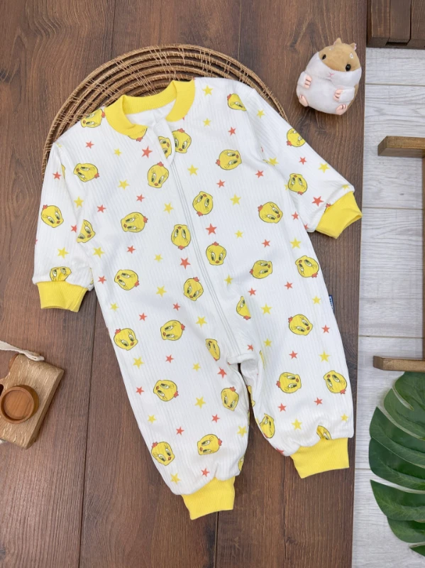 %100 Pamuk Tweety Baskılı İçi Astarlı Fermuarlı Kız Bebek Uyku Tulumu
