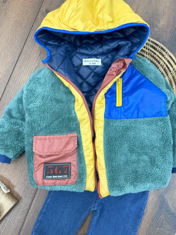 Peluş İçi Kapitone Renkli Mont Sweatshirt ve Likralı Kot Pantolonlu 3lü Erkek Bebek Takım
