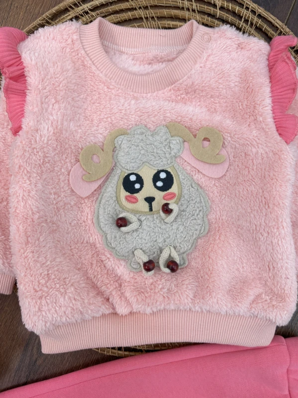 Peluş Patikli Kuzu Figürlü Alt 3 İplik Şardonlu 3lü Kız Bebek Takım