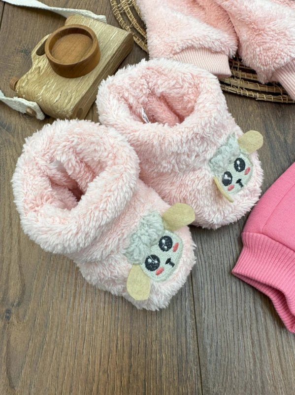 Peluş Patikli Kuzu Figürlü Alt 3 İplik Şardonlu 3lü Kız Bebek Takım