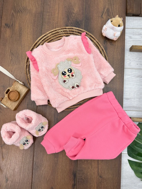 Peluş Patikli Kuzu Figürlü Alt 3 İplik Şardonlu 3lü Kız Bebek Takım