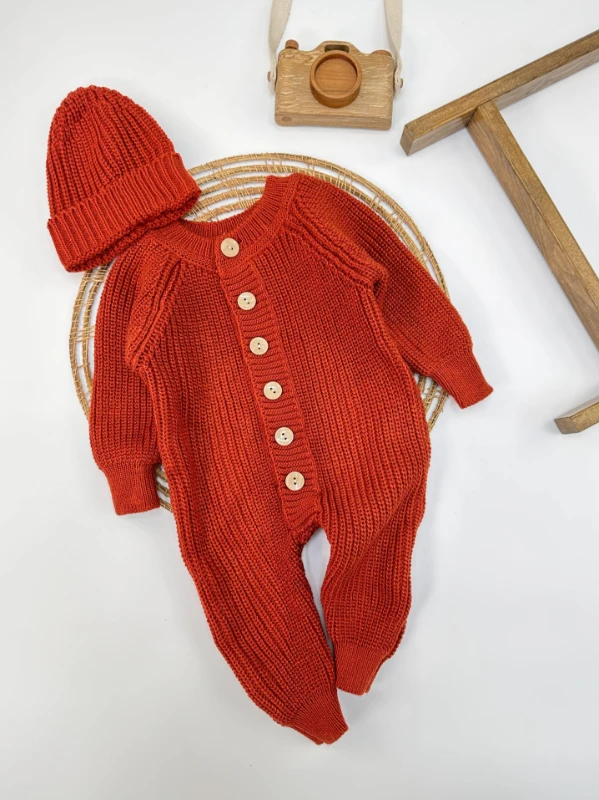 Örme Triko Bereli Düğmeli Unisex Kışlık Bebek Tulum