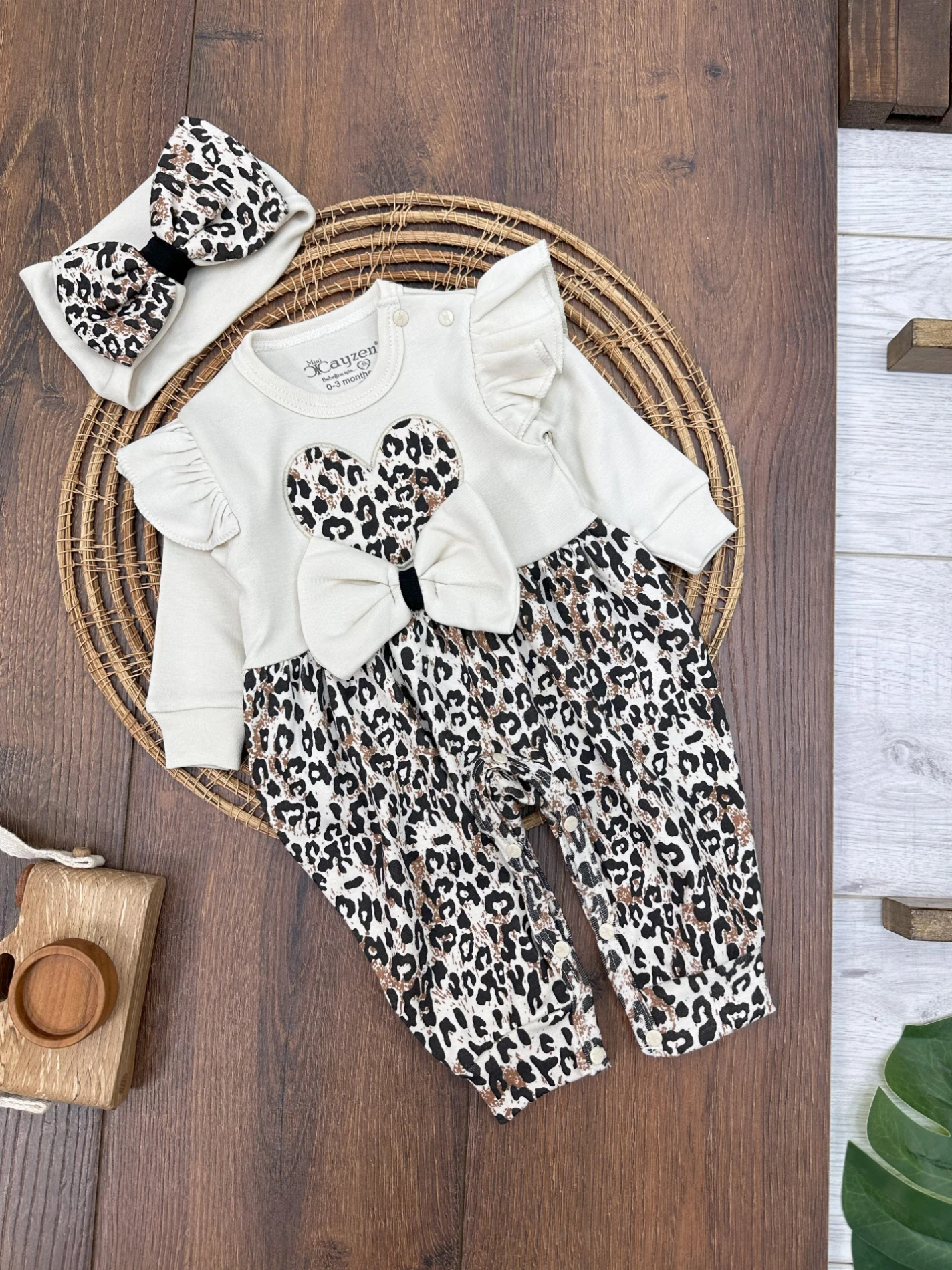 Leopar Desen Badanalı Alttan Çıtçıtlı Kız Bebek Takım/Tulum