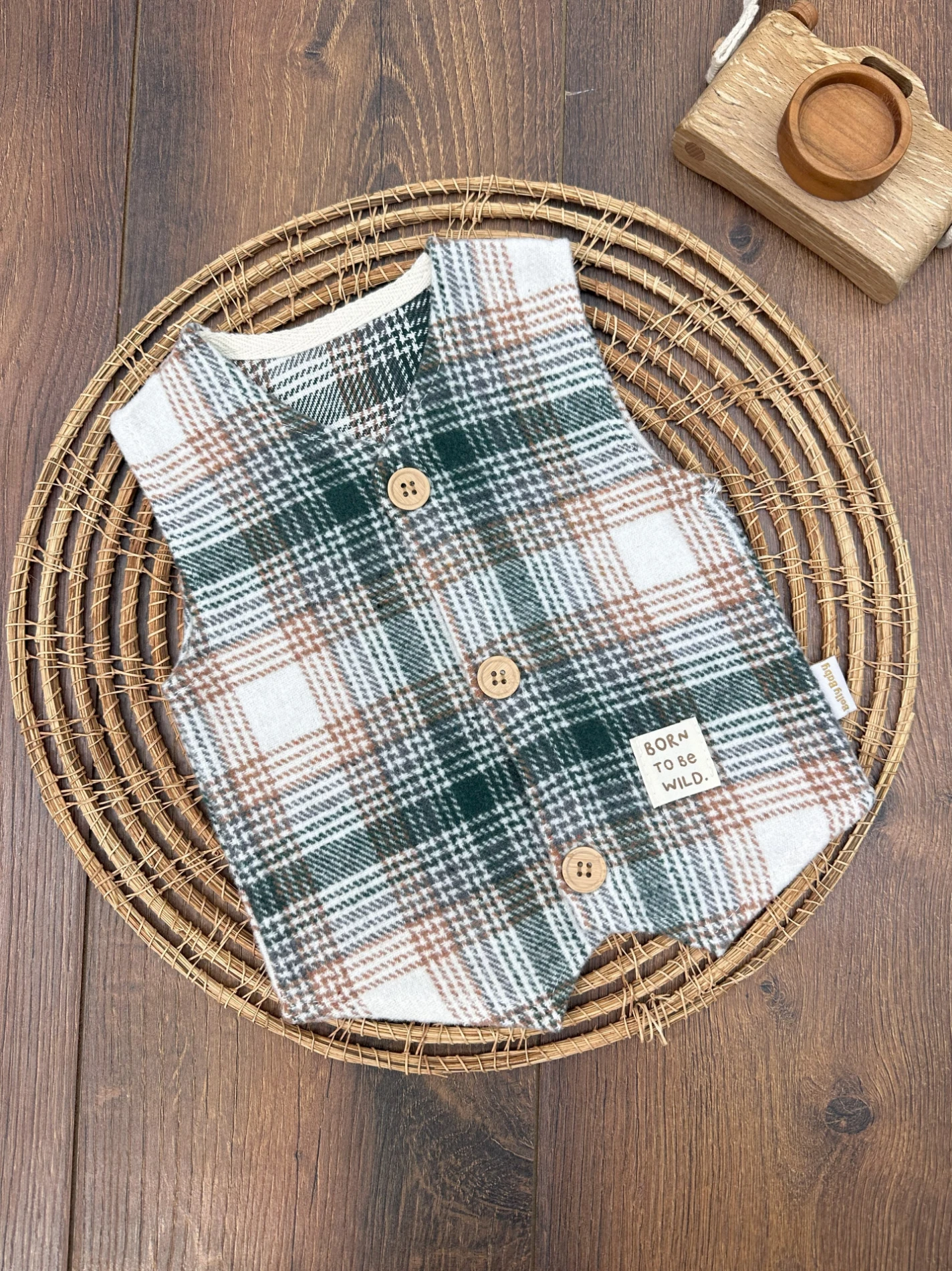 Oduncu Düğmeli Ekose Desen Kolsuz Erkek Bebek Yelek - YEŞİL