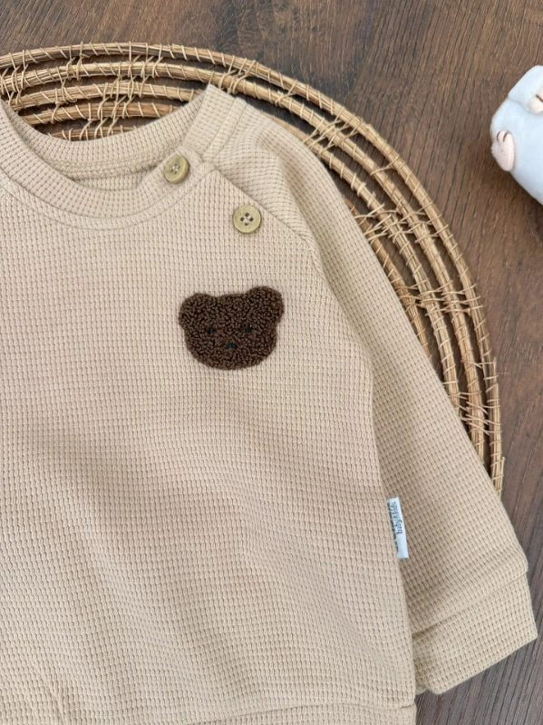 Waffle Kumaş Ayıcık Armalı Omuzdan Düğmeli Erkek Bebek Takım