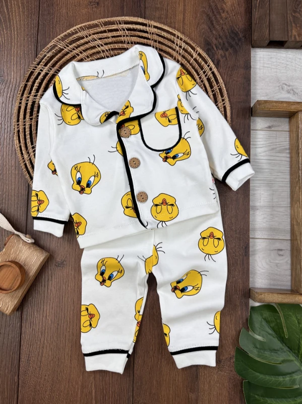 %100 Pamuk Yumuşak Doku Tweety Baskılı Rahat Kalıp Kruvaze Yaka Mevsimlik Unisex Bebek Pijama Takımı