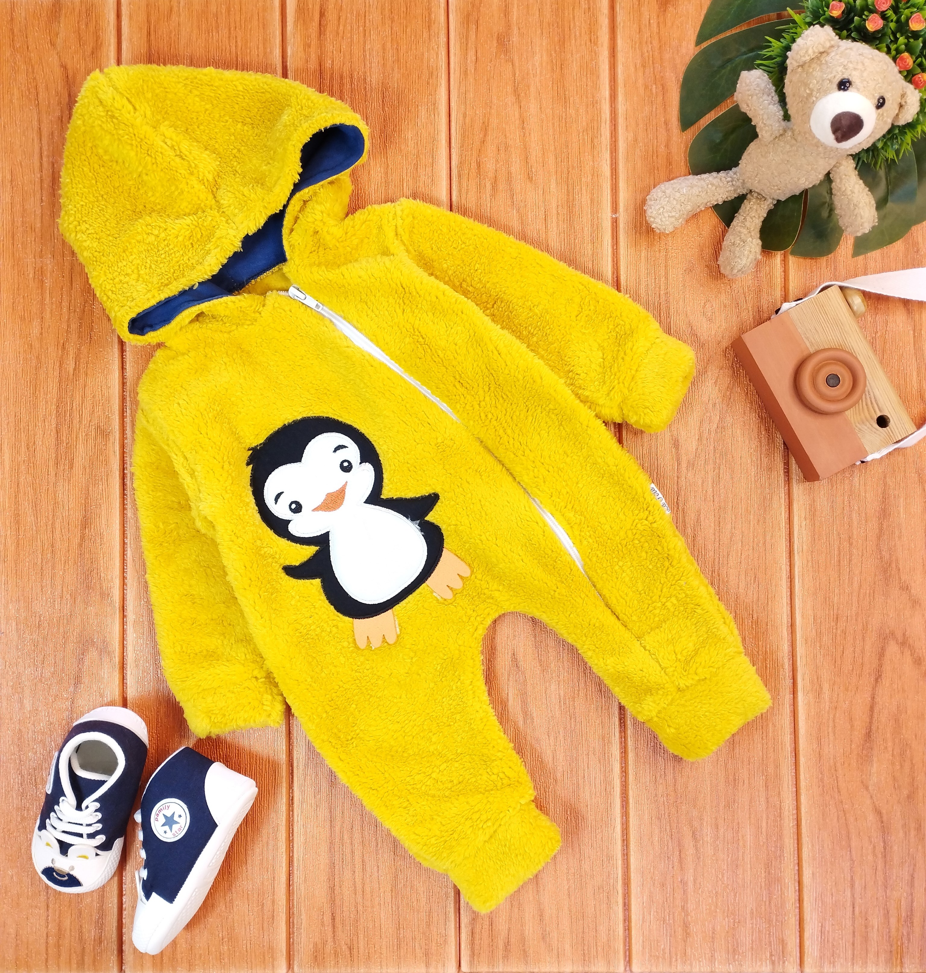 Peluş Penguen Kapüşonlu Tulum - SARI