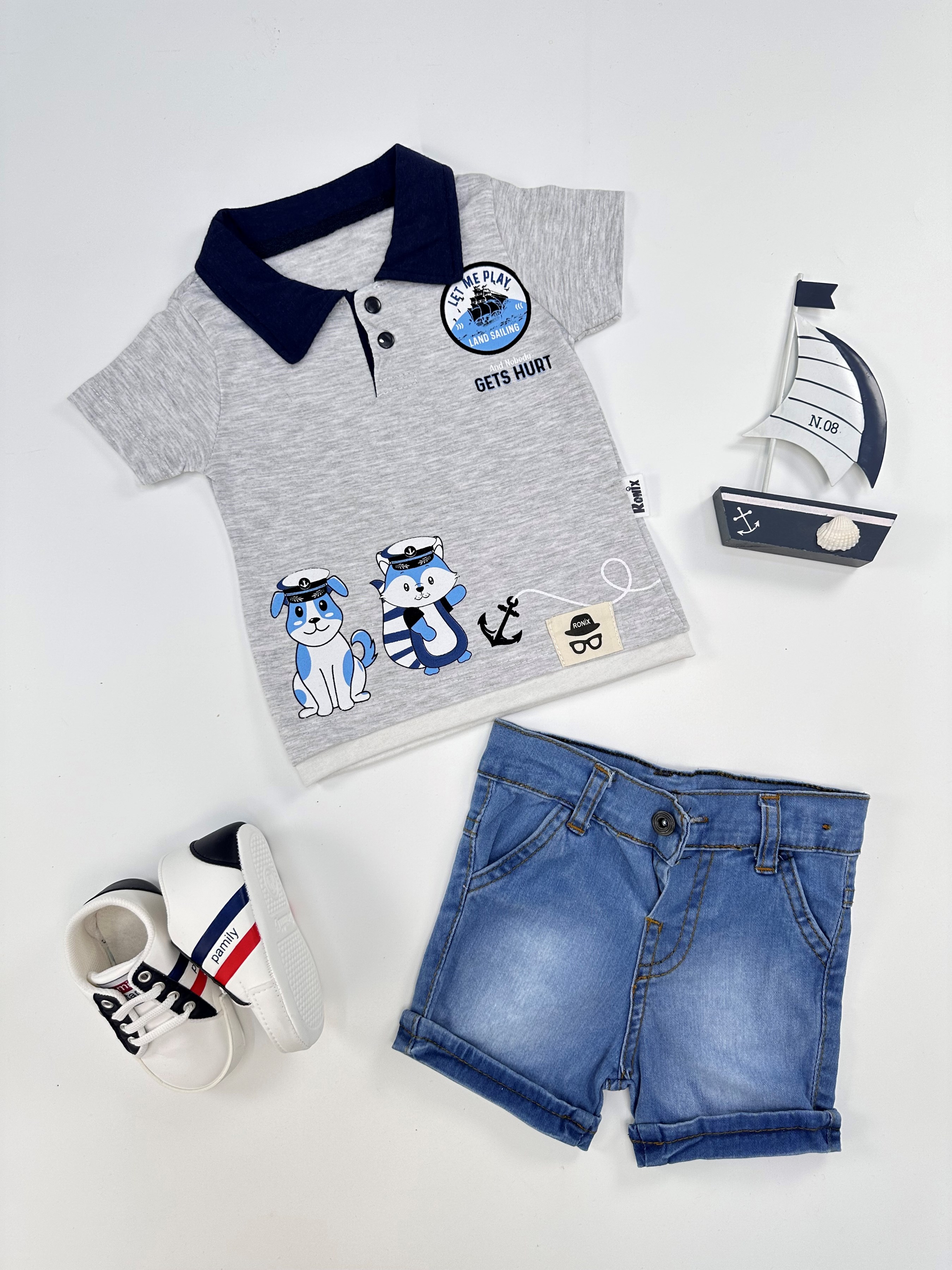 Polo Yaka Gemici Hayvanlar Baskılı Tshirt Likralı Kot Şort Yazlık Erkek Takım - GRİ