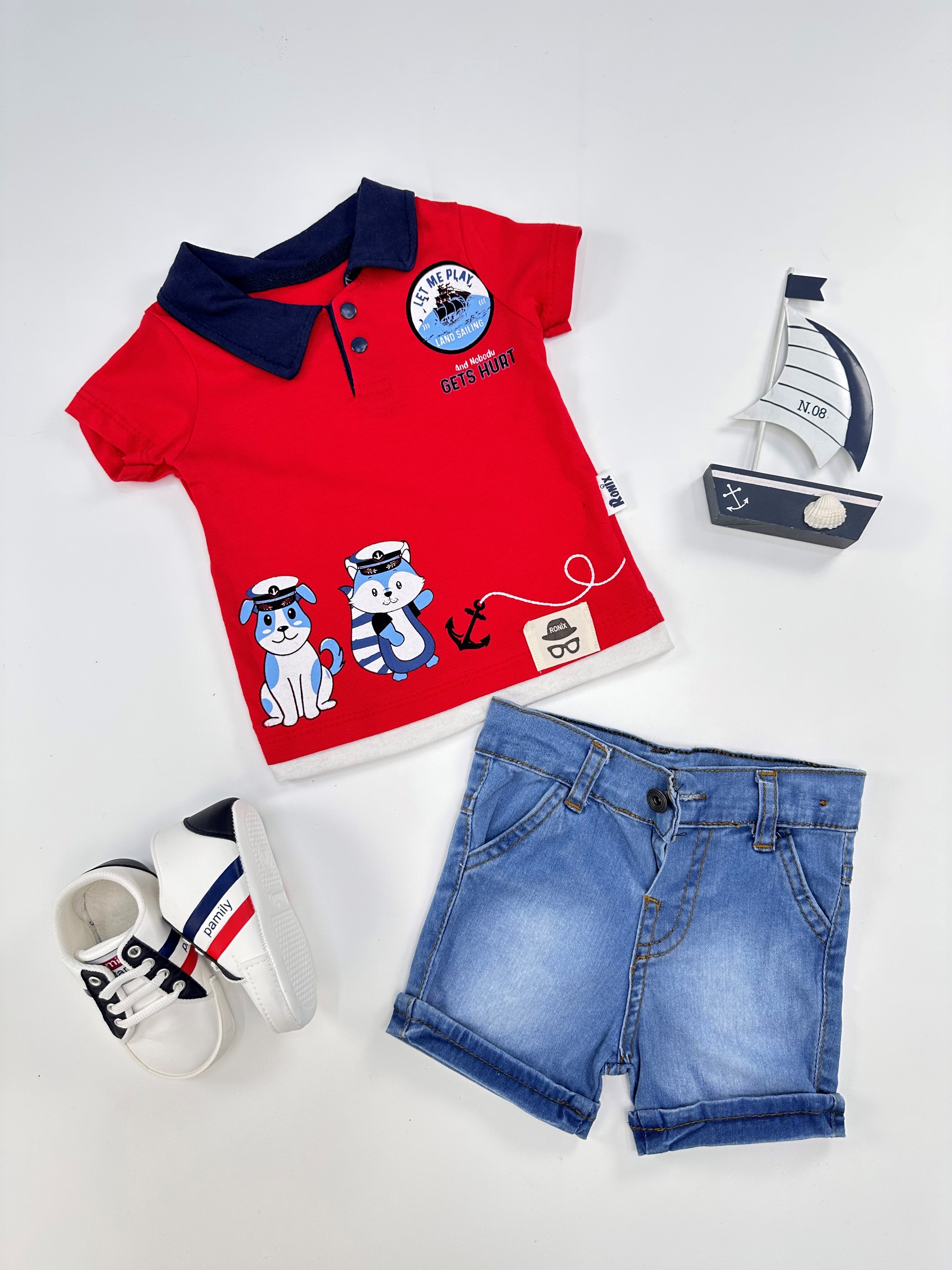 Polo Yaka Gemici Hayvanlar Baskılı Tshirt Likralı Kot Şort Yazlık Erkek Takım - KIRMIZI