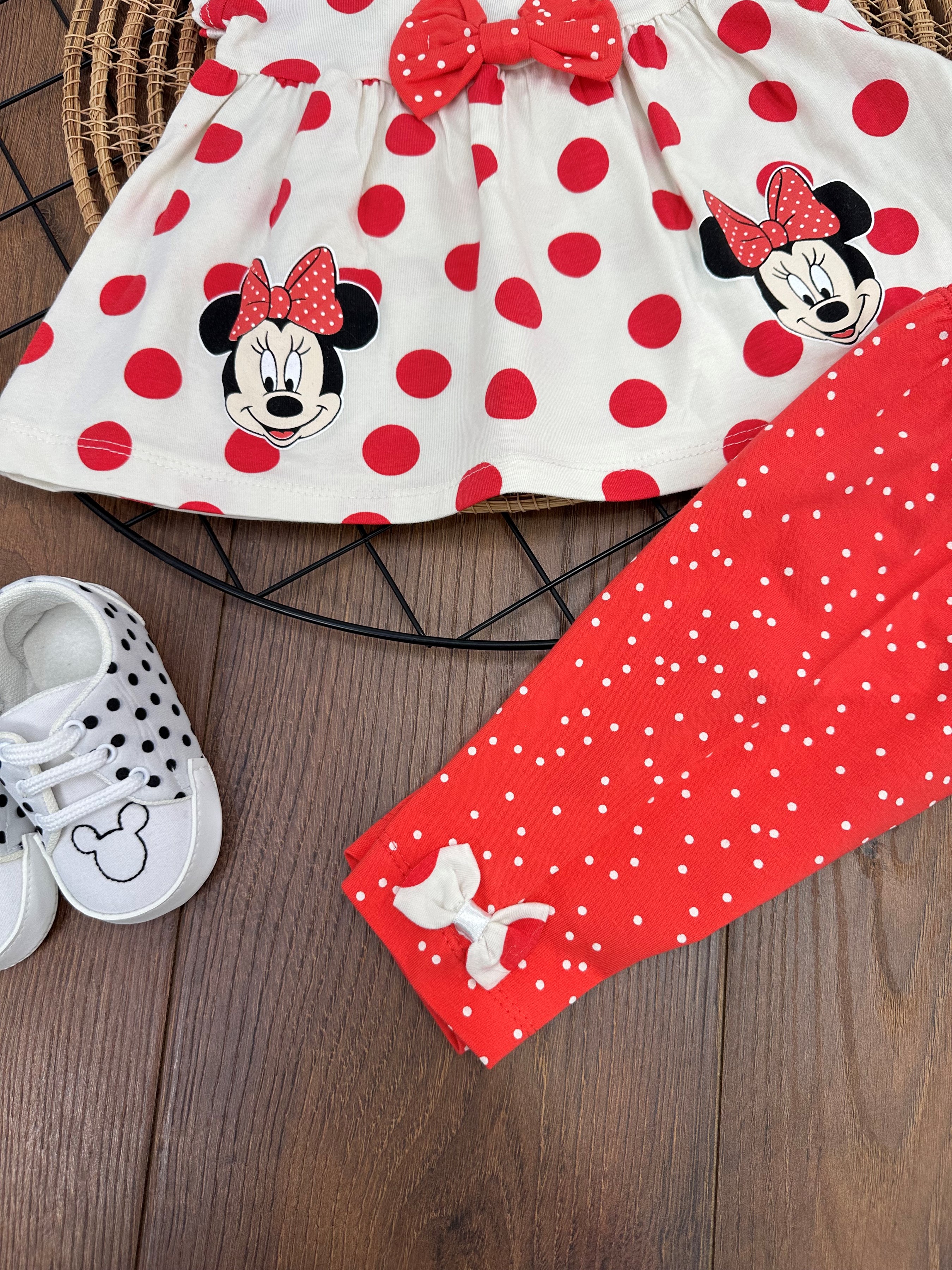Minnie Baskılı Fiyonklu Puantiyeli Yazlık Kız Bebek Takım