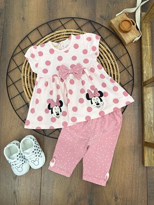 Minnie Baskılı Fiyonklu Puantiyeli Yazlık Kız Bebek Takım