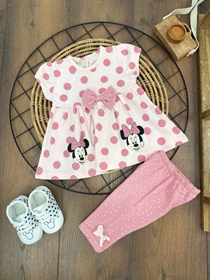 Minnie Baskılı Fiyonklu Puantiyeli Yazlık Kız Bebek Takım