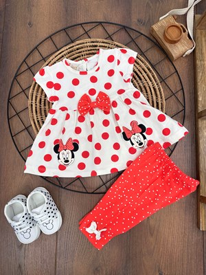 Minnie Baskılı Fiyonklu Puantiyeli Yazlık Kız Bebek Takım