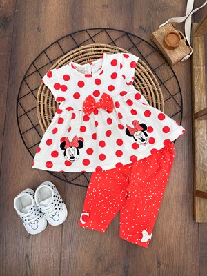 Minnie Baskılı Fiyonklu Puantiyeli Yazlık Kız Bebek Takım