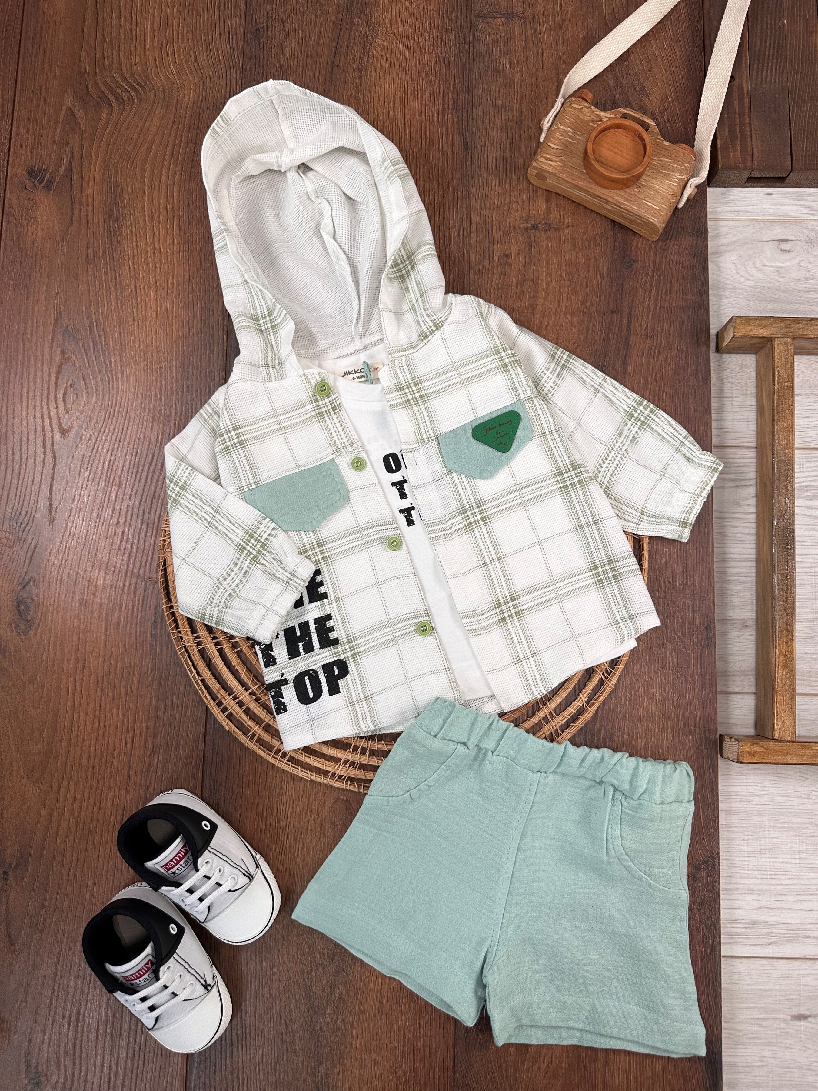 Ekose Desen Kapşonlu Keten Ceket Badli Şortlu 3lü Takım - MİNT YEŞİLİ