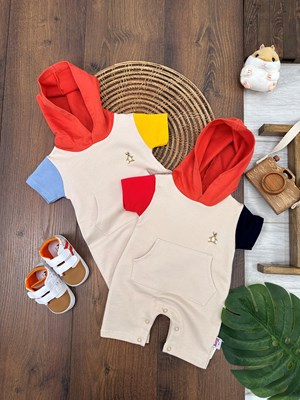 Kapşonlu Kanguru Cep Alttan Çıtçıtlı Yazlık Bebek Tulum
