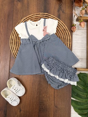 Piti Kareli Güpürlü Külot Şort  Fiyonk Detaylı Kız Bebek Takım