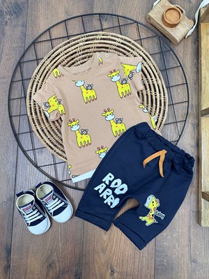 Eaboy Zürafa Baskılı Omuzdan Çıtçıtlı Yazlık Bebek Takım