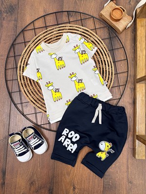 Eaboy Zürafa Baskılı Omuzdan Çıtçıtlı Yazlık Bebek Takım