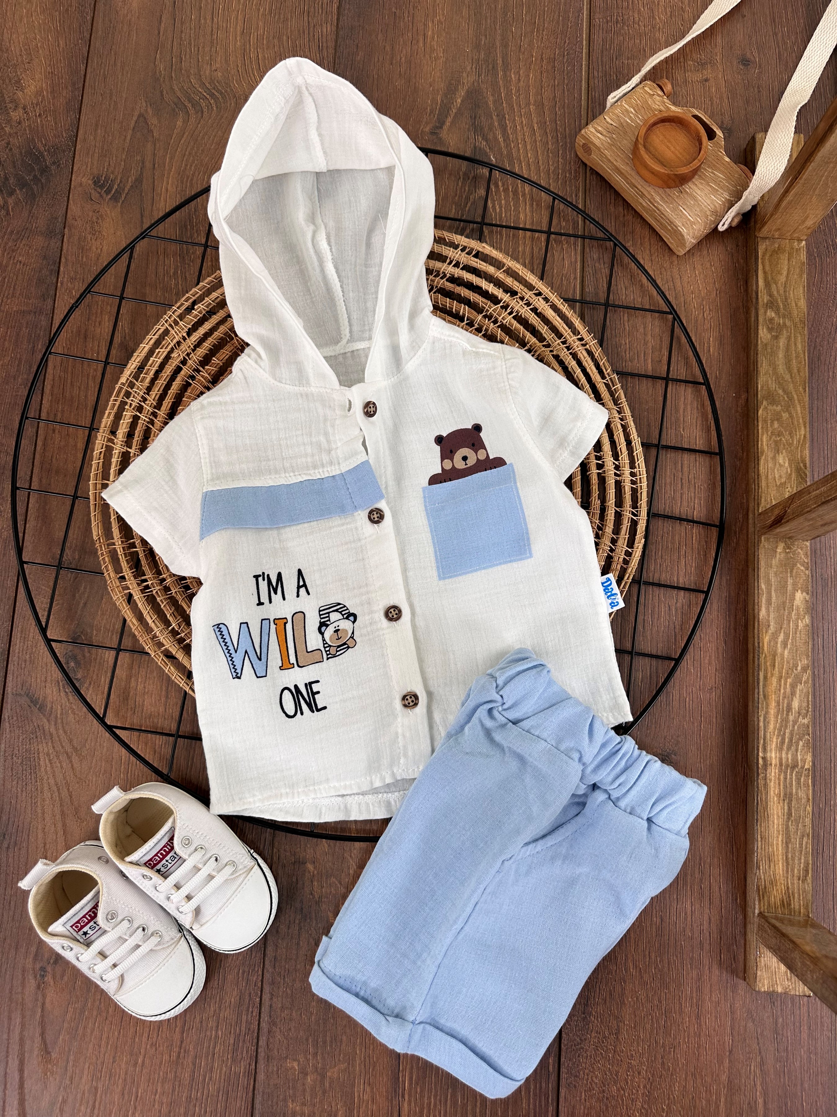 Müslin Kumaş Kapşonlu Sevimli Ayıcık Detaylı Yazlık Bebek Takım - MAVİ