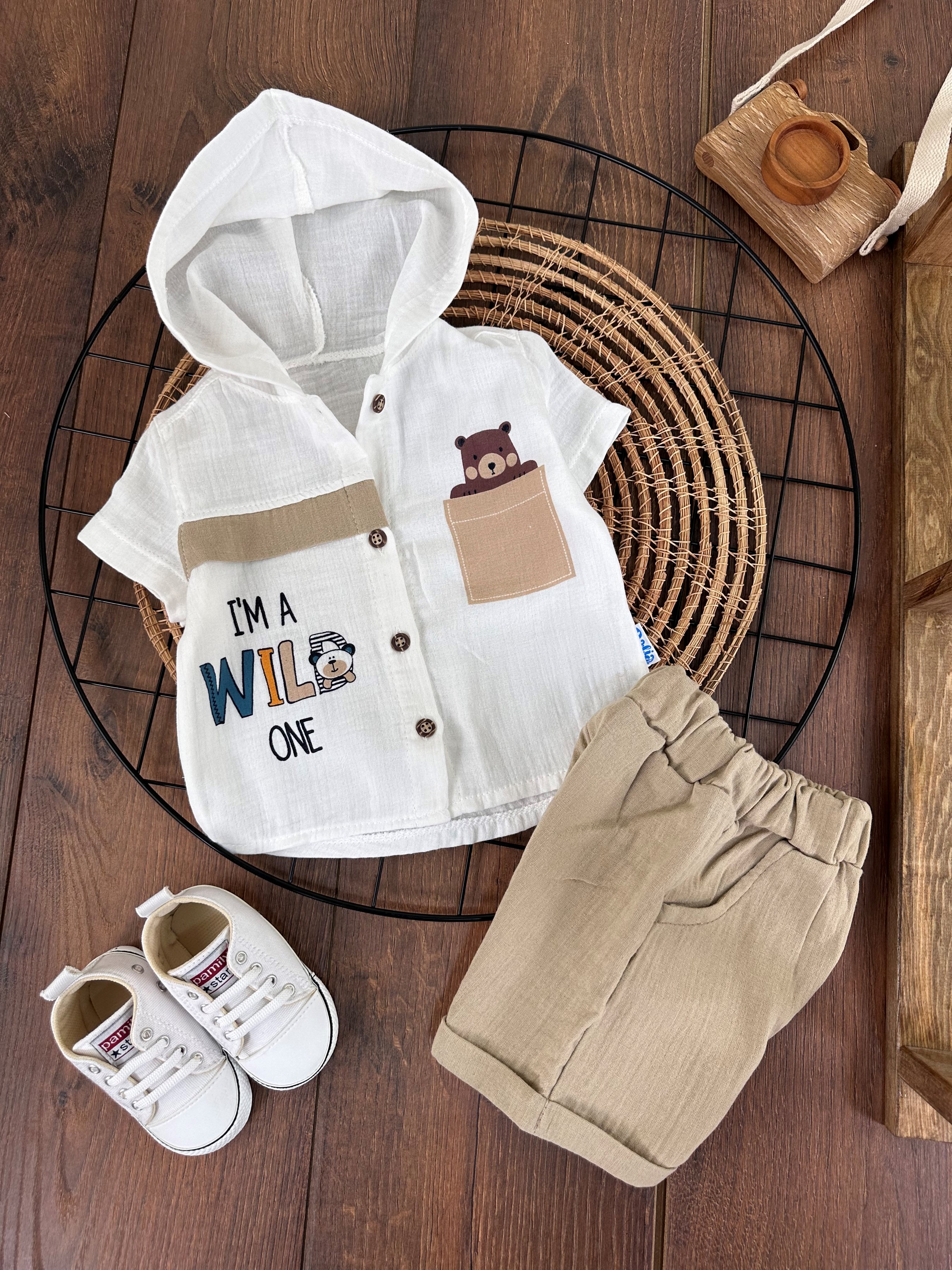 Müslin Kumaş Kapşonlu Sevimli Ayıcık Detaylı Yazlık Bebek Takım - BEJ