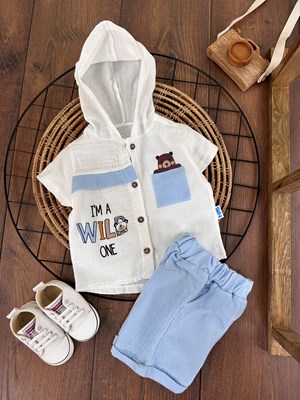 Müslin Kumaş Kapşonlu Sevimli Ayıcık Detaylı Yazlık Bebek Takım - MAVİ