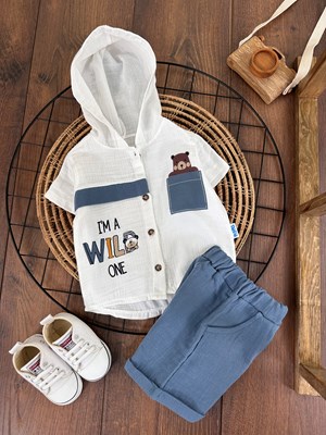 Müslin Kumaş Kapşonlu Sevimli Ayıcık Detaylı Yazlık Bebek Takım - MAVİ