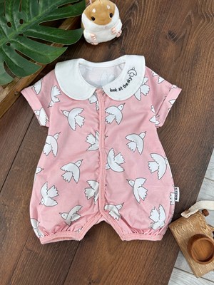Bebe Yaka Çıtçıtlı Güvercin Desenli Kız Bebek Tulum