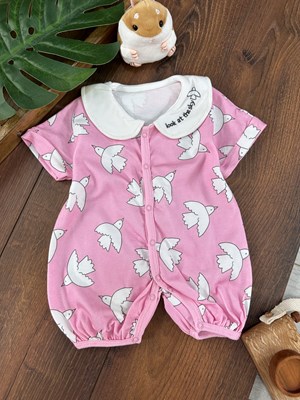 Bebe Yaka Çıtçıtlı Güvercin Desenli Kız Bebek Tulum