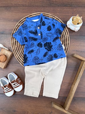 Müslin Kumaş Hakim Yaka Önden İki Düğmeli Yazlık Erkek Bebek Takım - SAKS MAVİ